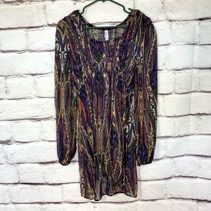 Xhilaration High Low Shear Tunic Top SZ L Empire Waist Multicolored Pattern